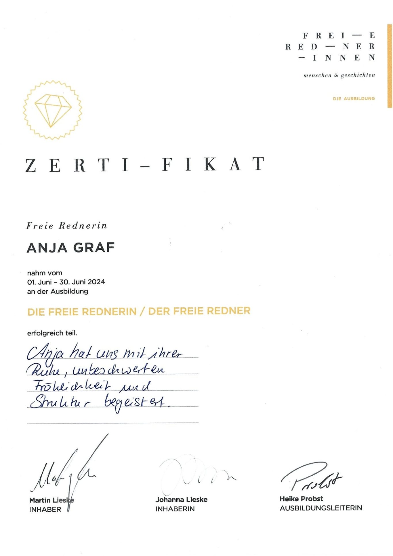 Zertifikat von Freie Redner über die erfolgreiche Teilnahme von Anja Graf an der Ausbildung zur Freien Rednerin